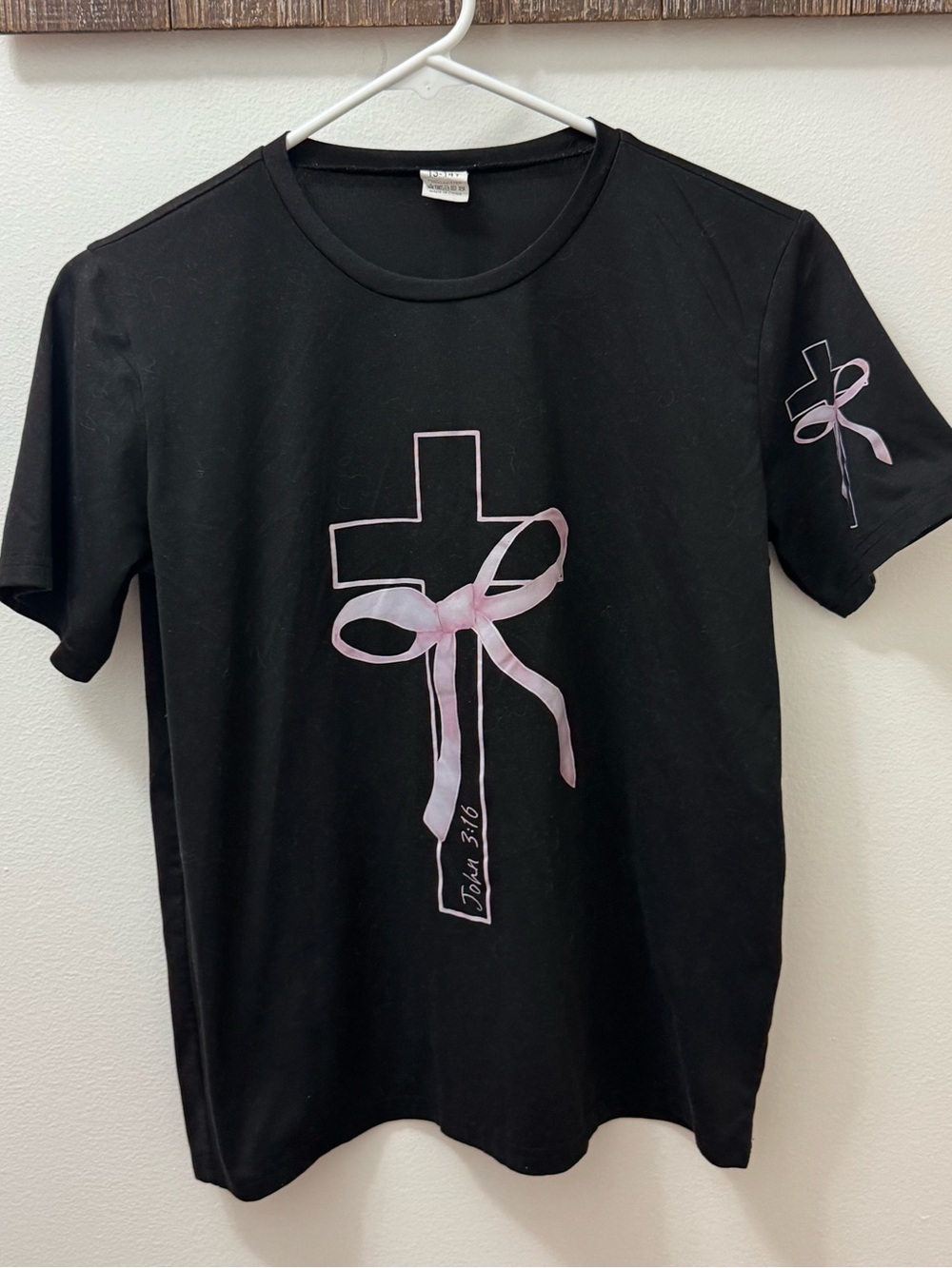 Kids Black Tee with Pink Cross Ribbon Graphic John 3:16